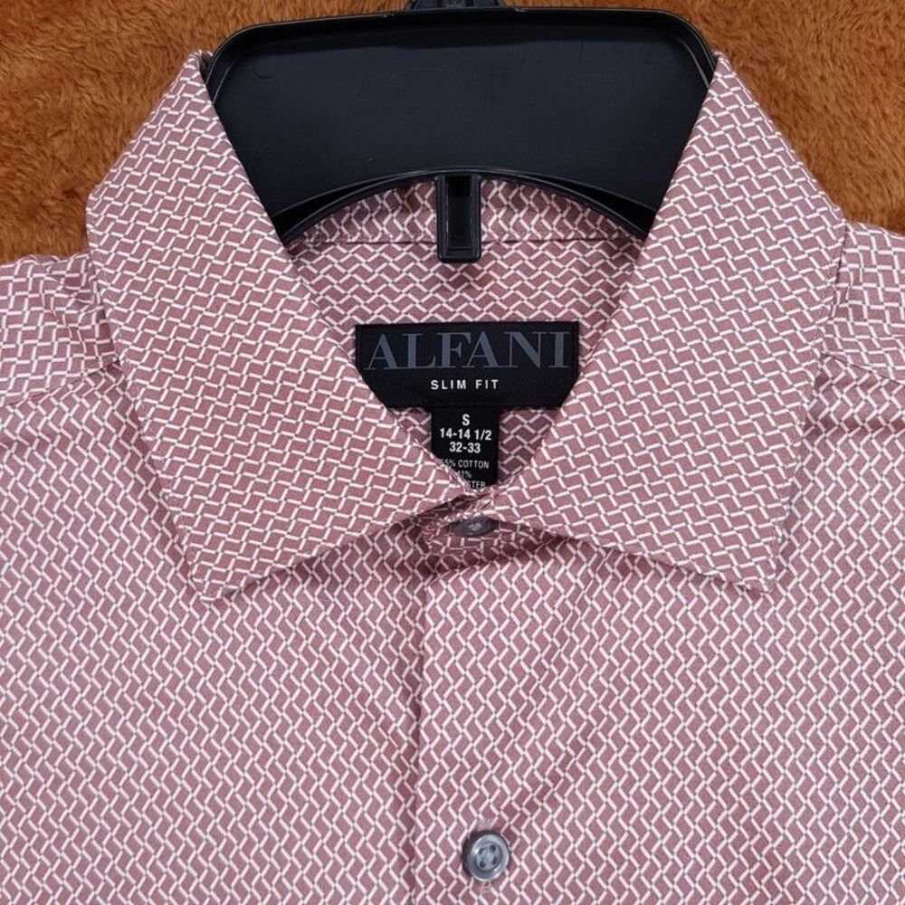 ALFANI Dress Shirt Mens Size 14 14.5 32 33 Dusty Pink Geo Neat Slim Fit Stretch